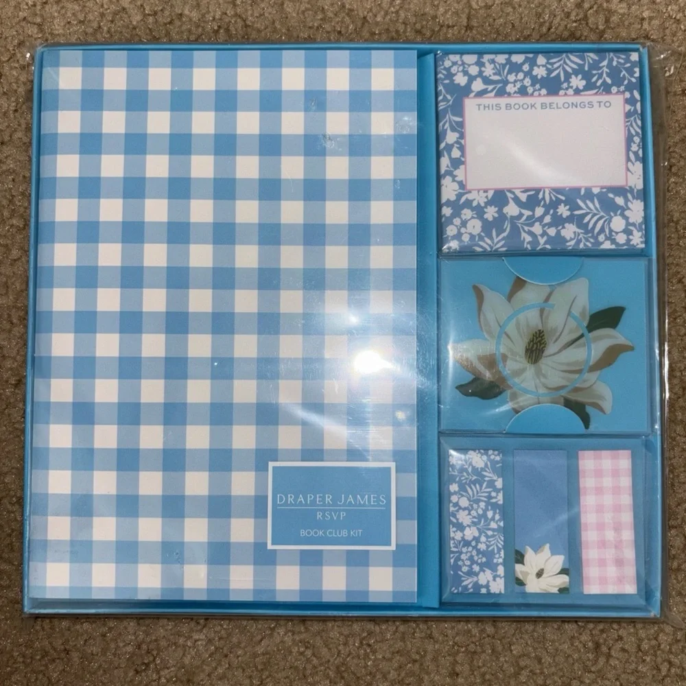 Draper James Book Club Kit Sticky Notes Journal Set Light Blue Check Print New